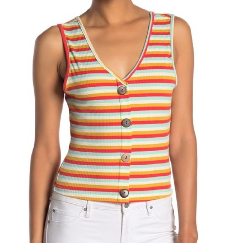 NSR Nordstrom Priscilla Striped Button Front Tank Top Ribbed Knit Crop Size XL
